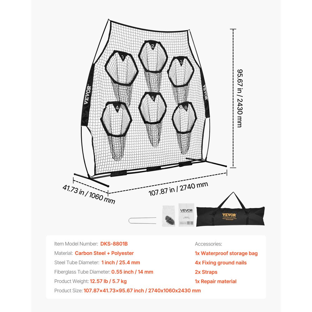 VEVOR 8 x 8 ft Football Trainer Throwing Net, Training Throwing Target Practice Net with 6 Target Pockets, Knotless Net Includes Straps and Portable Carry Case, Improve QB Throwing Accuracy, Black
