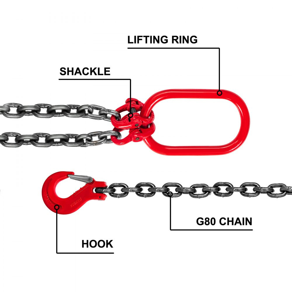 VEVOR Chain Sling, 3/8 inch x 5 ft Lifting Chains with Hooks, G80 Engine Chain Hoist Lifts, 11000 lbs/5 Ton Capacity Lifting Sling Chains for Engine Hoist, Engine Lift Chain with 2 Leg Grab Hooks