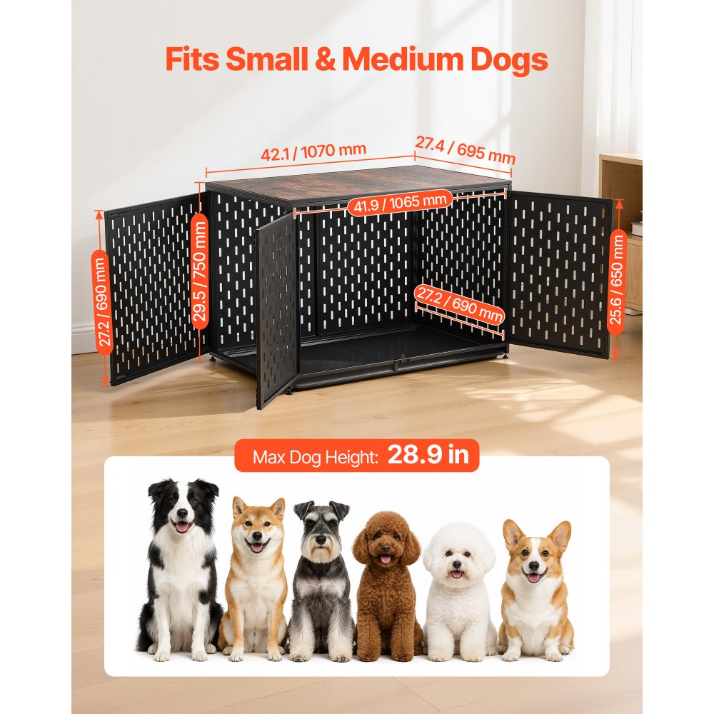 VEVOR Dog Crate Furniture, 42 Inch Heavy Duty Dog Kennel Furniture Indoor for Small & Medium Dogs, Steel Decorative Pet Cage House End Table with 3 Doors, Detachable Tray & Escape-Proof Locks, Black