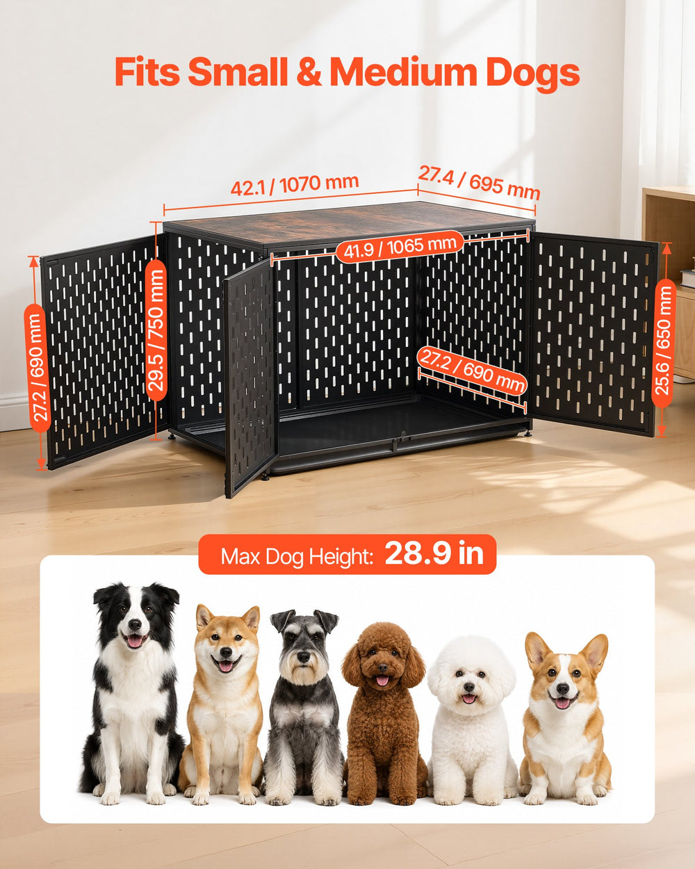 VEVOR Dog Crate Furniture, 42 Inch Heavy Duty Dog Kennel Furniture Indoor for Small & Medium Dogs, Steel Decorative Pet Cage House End Table with 3 Doors, Detachable Tray & Escape-Proof Locks, Black