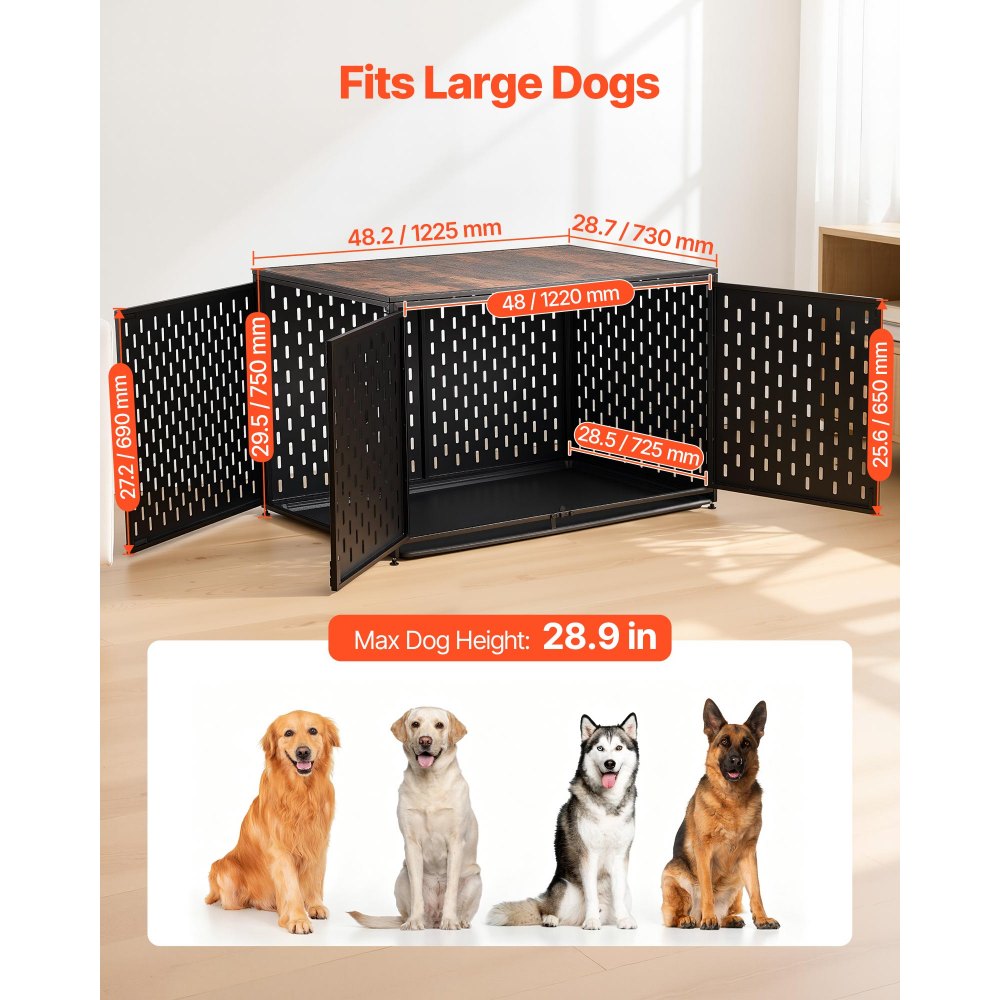 VEVOR Dog Crate Furniture, 48 Inch Heavy Duty Dog Kennel Furniture Indoor for Large Dogs, Sturdy Steel Decorative Pet Cage House End Table with 3 Doors, Detachable Tray & Escape-Proof Locks, Black