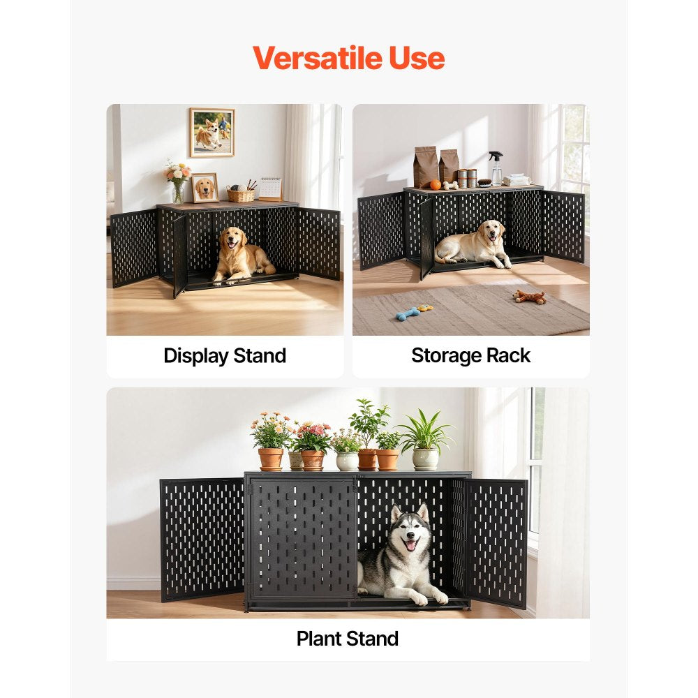 VEVOR Dog Crate Furniture, 48 Inch Heavy Duty Dog Kennel Furniture Indoor for Large Dogs, Sturdy Steel Decorative Pet Cage House End Table with 3 Doors, Detachable Tray & Escape-Proof Locks, Black