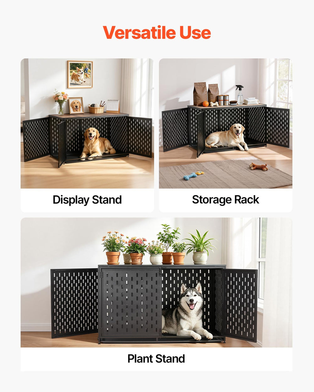 VEVOR Dog Crate Furniture, 48 Inch Heavy Duty Dog Kennel Furniture Indoor for Large Dogs, Sturdy Steel Decorative Pet Cage House End Table with 3 Doors, Detachable Tray & Escape-Proof Locks, Black