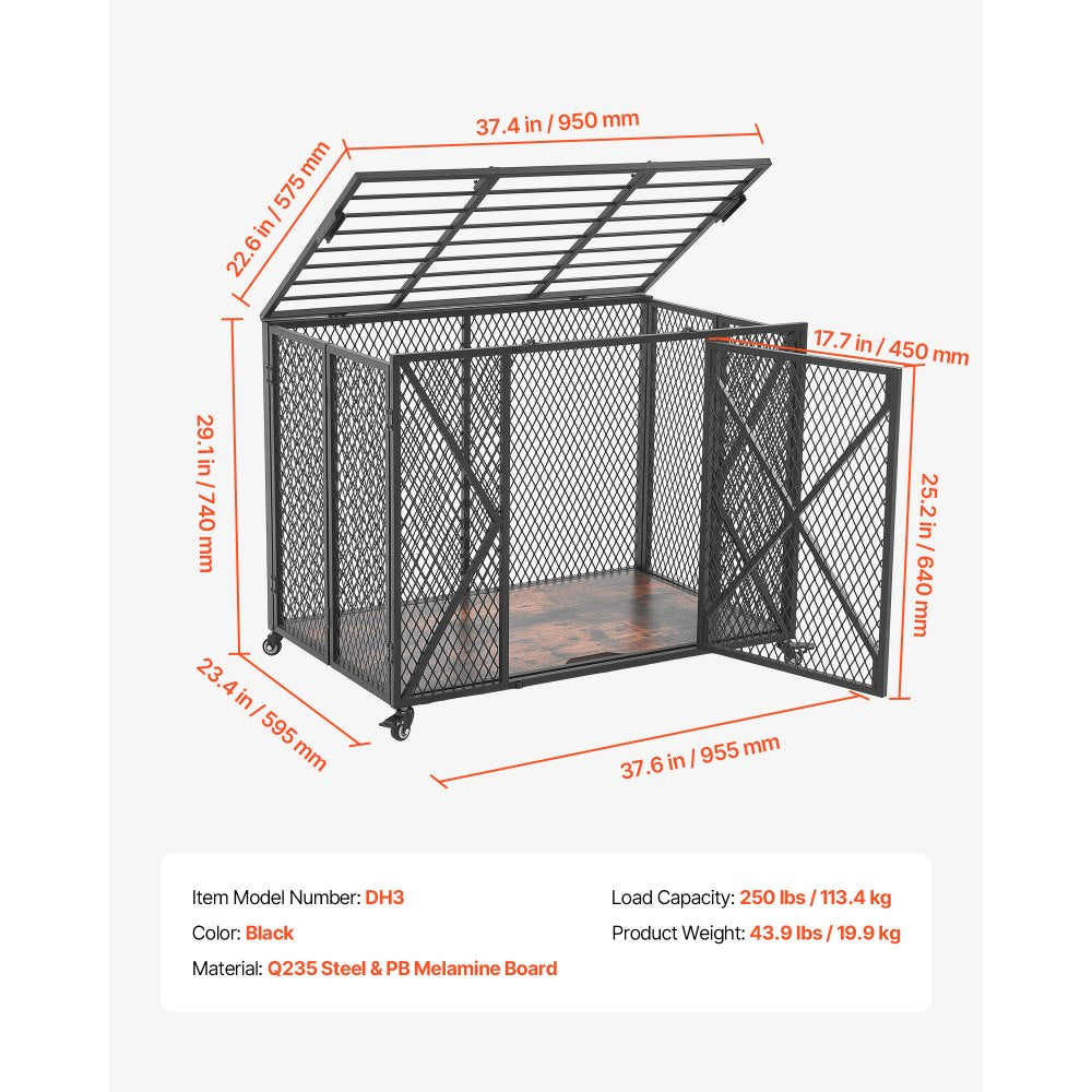 VEVOR 38 Inch Heavy Duty Dog Crate, Max Load 250 lbs, Foldable Indestructible Escape-Proof Dog Kennel Indoor for High Anxiety Small & Medium Breeds, Steel Pet Cage with Double Doors & Lockable Wheels