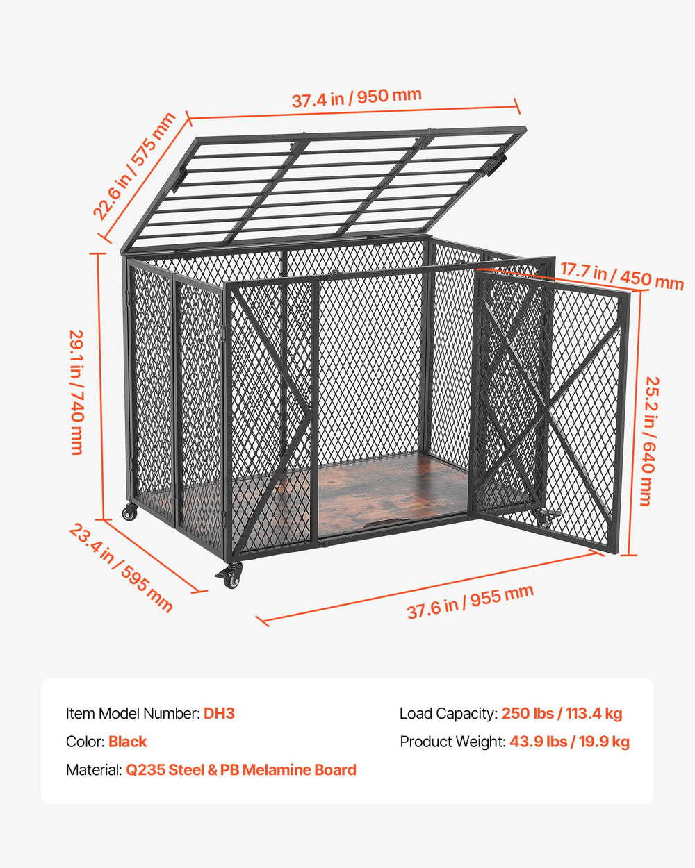 VEVOR 38 Inch Heavy Duty Dog Crate, Max Load 250 lbs, Foldable Indestructible Escape-Proof Dog Kennel Indoor for High Anxiety Small & Medium Breeds, Steel Pet Cage with Double Doors & Lockable Wheels