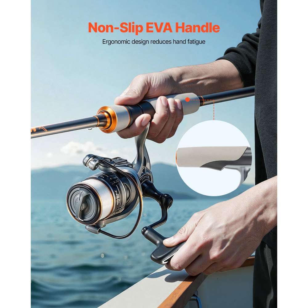 VEVOR Rod and Fishing Reel Combo, IM6 Fiberglass & Carbon Fiber Spinning Rod and Reel Combo, Bass Fishing Pole with 6.5 ft Two-Piece Rods, 6+1 Ball Bearings, Stainless Steel Guides with Ceramic Rings