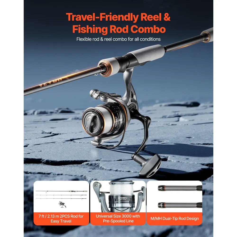 VEVOR Rod and Fishing Reel Combo, IM7 Carbon Fiber Spinning Rod and Reel Combo, Bass Fishing Pole with 7 ft Two-Piece Rods, 7+1 Ball Bearings, EVA Handle, Stainless Steel Guides with Ceramic Rings