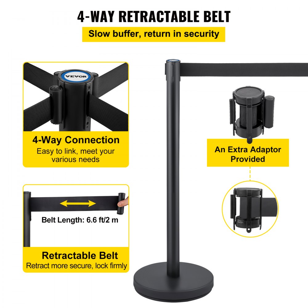 VEVOR Crowd Control Stanchion, Set of 6 Pieces Stanchion Set, Stanchion Set with 6.6 ft/2 m Black Retractable Belt, Black Crowd Control Barrier with Concrete and Metal Base - Easy Connect Assembly
