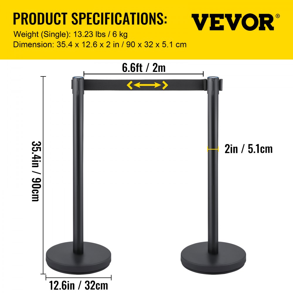 VEVOR Crowd Control Stanchion, Set of 6 Pieces Stanchion Set, Stanchion Set with 6.6 ft/2 m Black Retractable Belt, Black Crowd Control Barrier with Concrete and Metal Base - Easy Connect Assembly