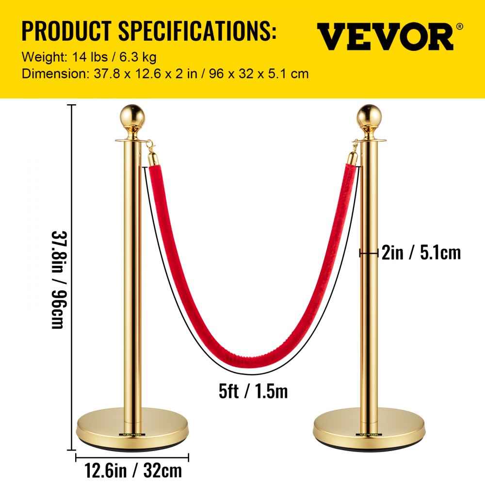 VEVOR Crowd Control Stanchion, Set of 4 Pieces Stanchion Set, Stanchion Set with 5 ft/1.5 m Red Velvet Rope, Crowd Control Barrier