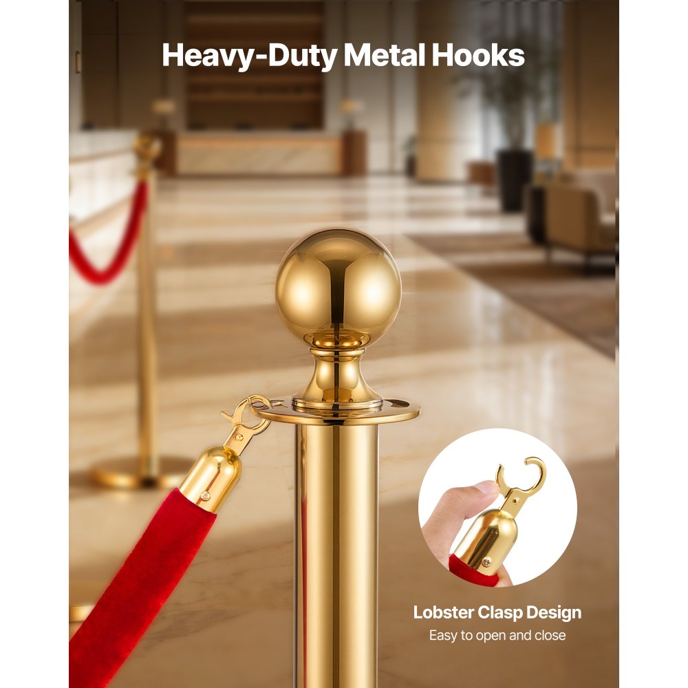 VEVOR 2 Pcs Red Velvet Stanchion Ropes, 5 ft Crowd Control Stanchion Red Velvet Ropes with Gold Hooks, Post Queue Barrier Carpet Rope for Carpet Events Movie Theaters Grand Openings Hotels Party
