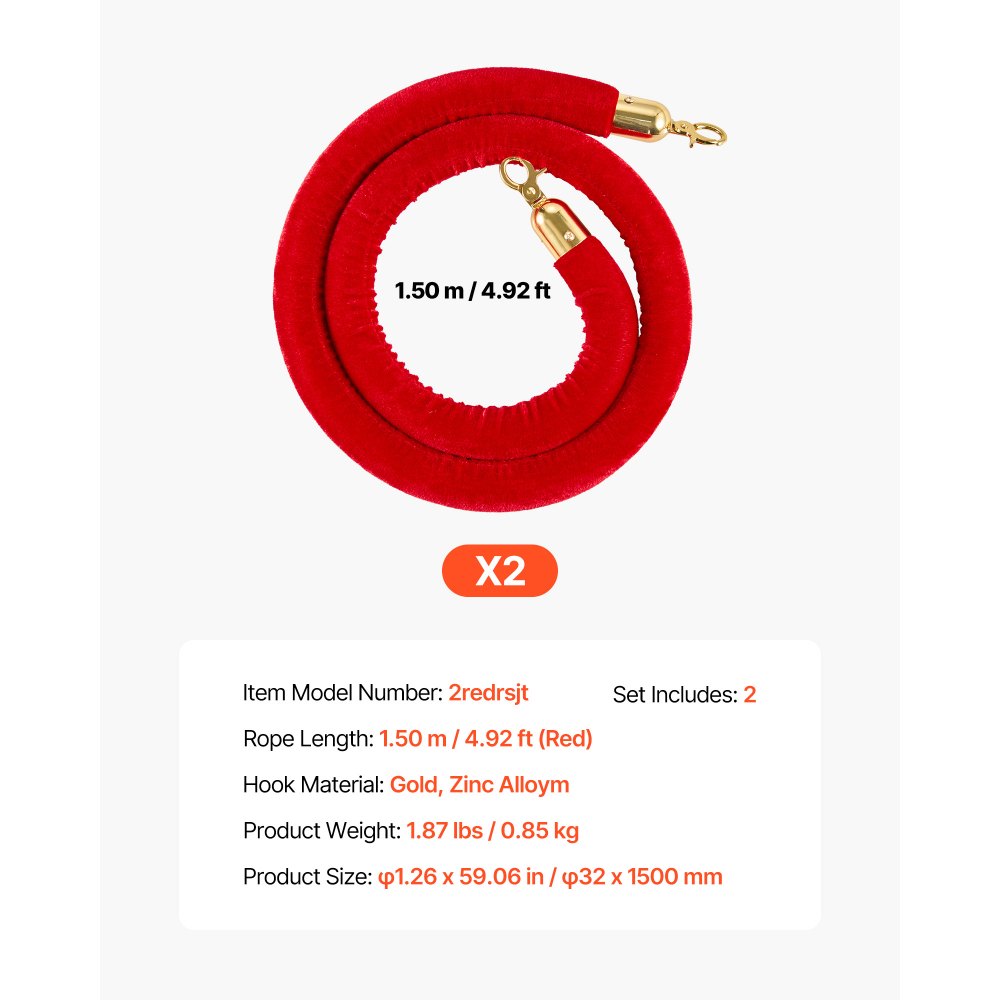 VEVOR 2 Pcs Red Velvet Stanchion Ropes, 5 ft Crowd Control Stanchion Red Velvet Ropes with Gold Hooks, Post Queue Barrier Carpet Rope for Carpet Events Movie Theaters Grand Openings Hotels Party