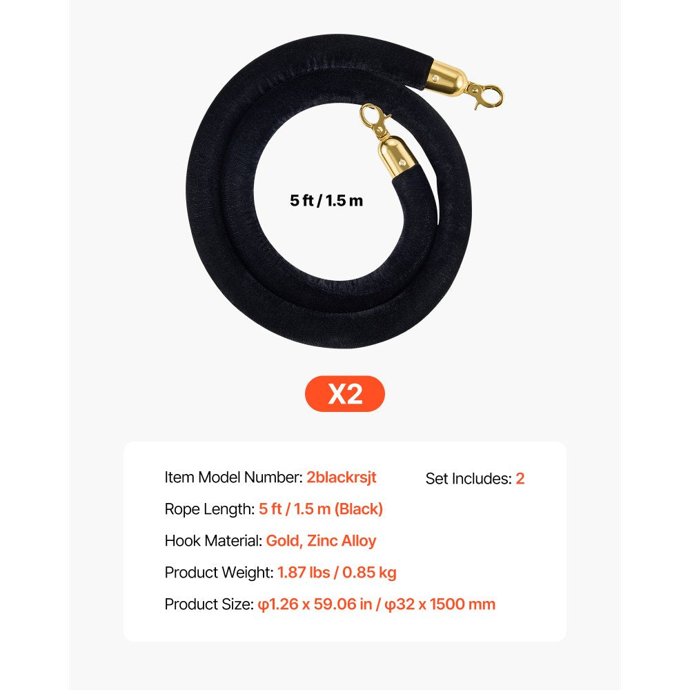 VEVOR 2 Pcs Black Velvet Stanchion Ropes, 5 ft Crowd Control Stanchion Black Velvet Ropes with Gold Hooks, Post Queue Barrier Carpet Rope for Carpet Events Movie Theaters Grand Openings Hotels Party