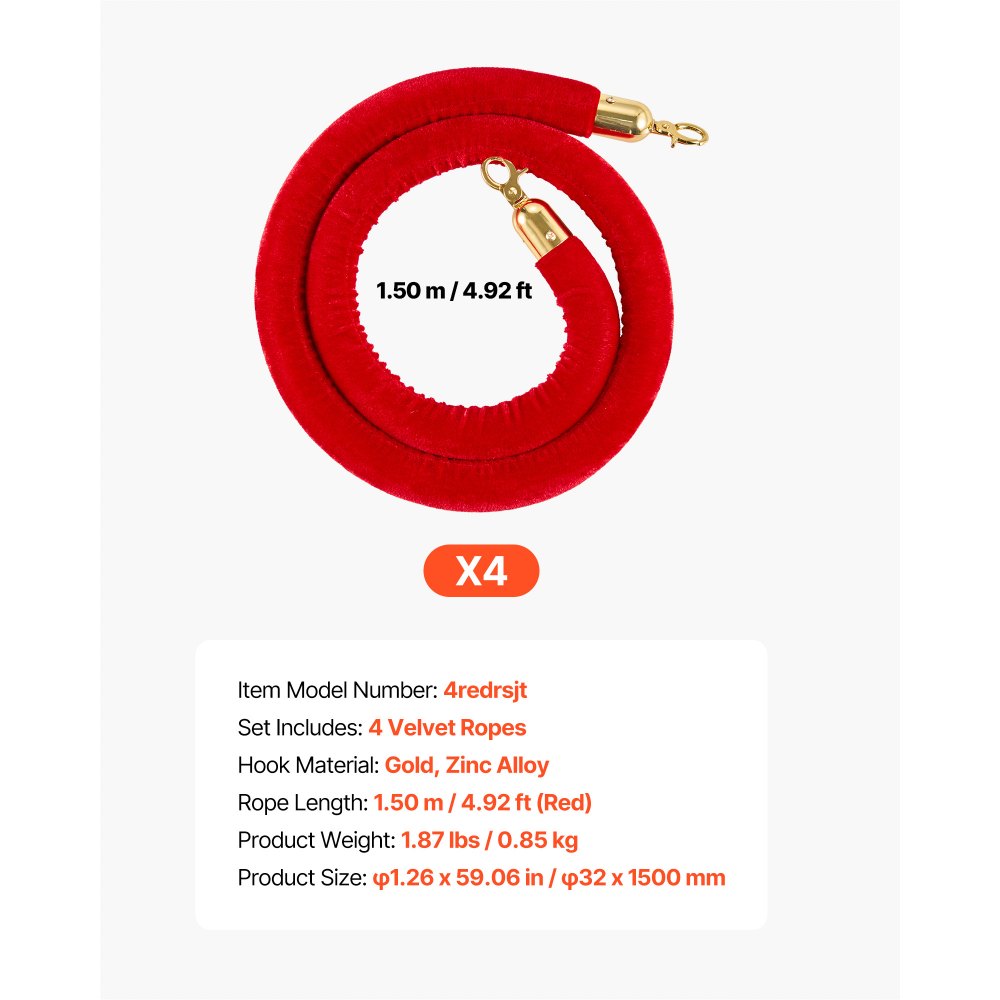 VEVOR 4 Pcs Red Velvet Stanchion Ropes, 5 ft Crowd Control Stanchion Red Velvet Ropes with Gold Hooks, Post Queue Barrier Carpet Rope for Carpet Events Movie Theaters Grand Openings Hotels Party