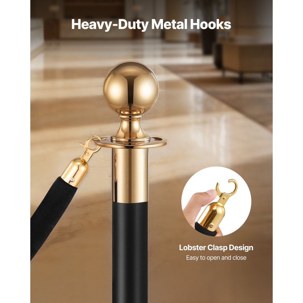 VEVOR 4 Pcs Black Velvet Stanchion Ropes, 5 ft Crowd Control Stanchion Black Velvet Ropes with Gold Hooks, Post Queue Barrier Carpet Rope for Carpet Events Movie Theaters Grand Openings Hotels Party