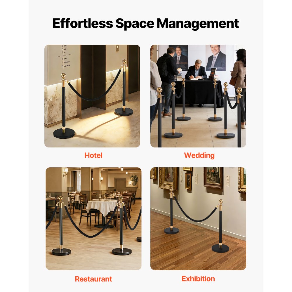 VEVOR 4 Pcs Black Velvet Stanchion Ropes, 5 ft Crowd Control Stanchion Black Velvet Ropes with Gold Hooks, Post Queue Barrier Carpet Rope for Carpet Events Movie Theaters Grand Openings Hotels Party