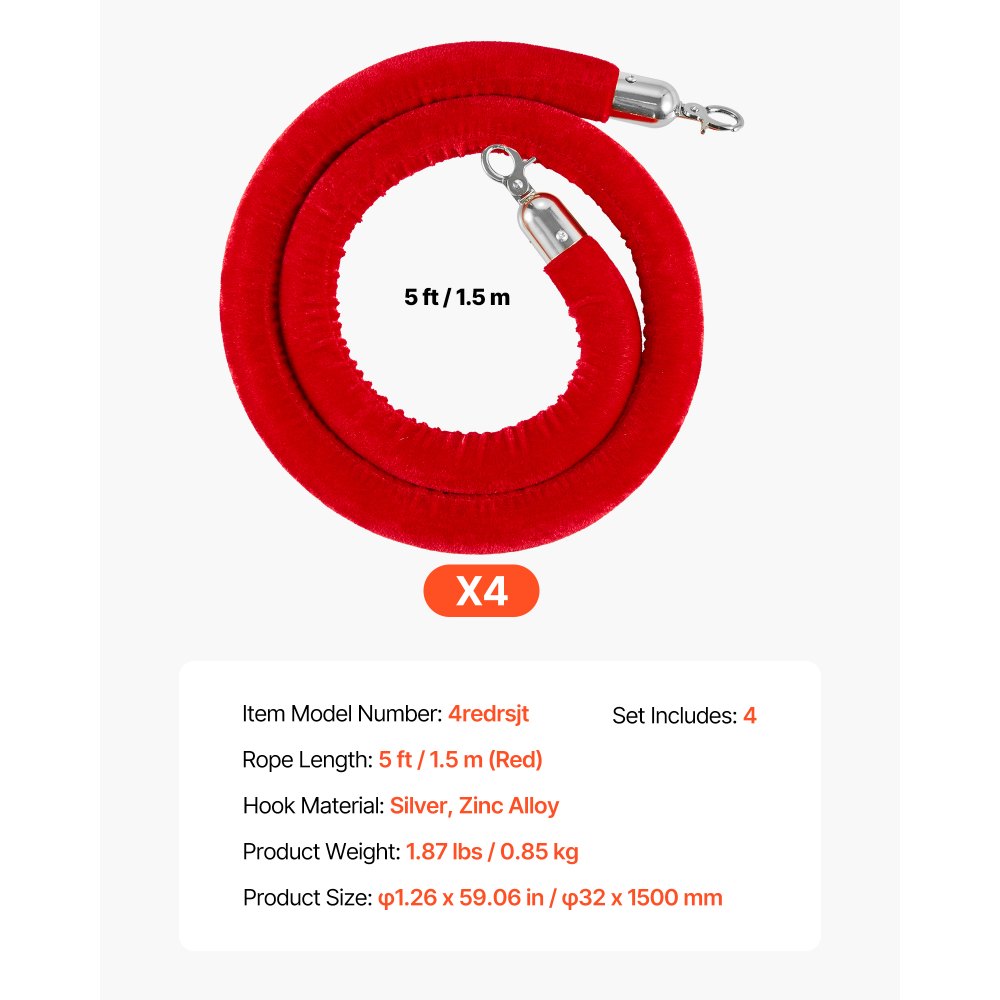 VEVOR 4 Pcs Red Velvet Stanchion Ropes, 5 ft Crowd Control Stanchion Red Velvet Ropes with Silver Hooks, Post Queue Barrier Carpet Rope for Carpet Events Movie Theaters Grand Openings Hotels Party