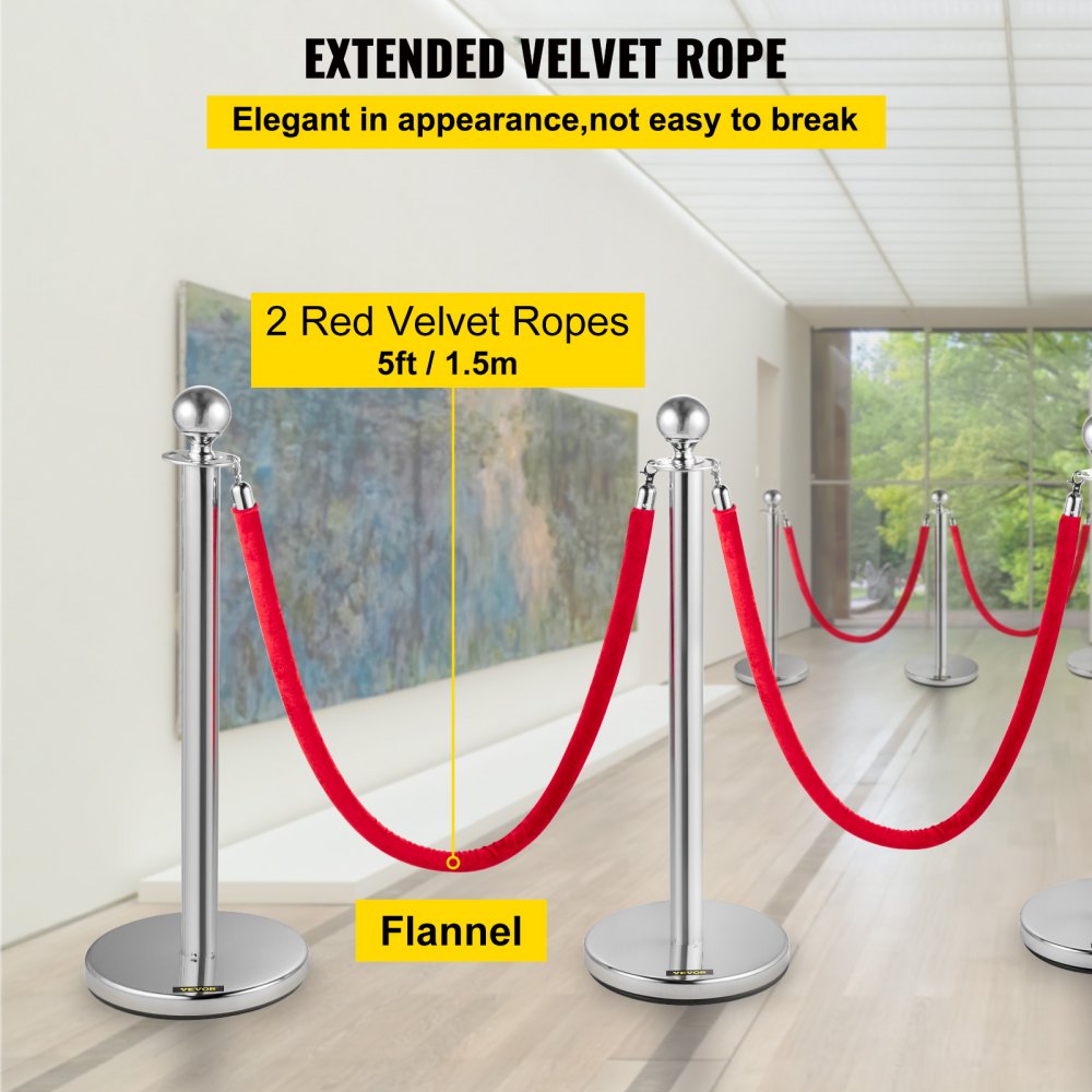 VEVOR 4PCS Stainless Steel Stanchion Posts Queue, Red Velvet Ropes Silver Post, 5FT Rope Barriers Queue Line Crowd Control Barriers for Party Supplies