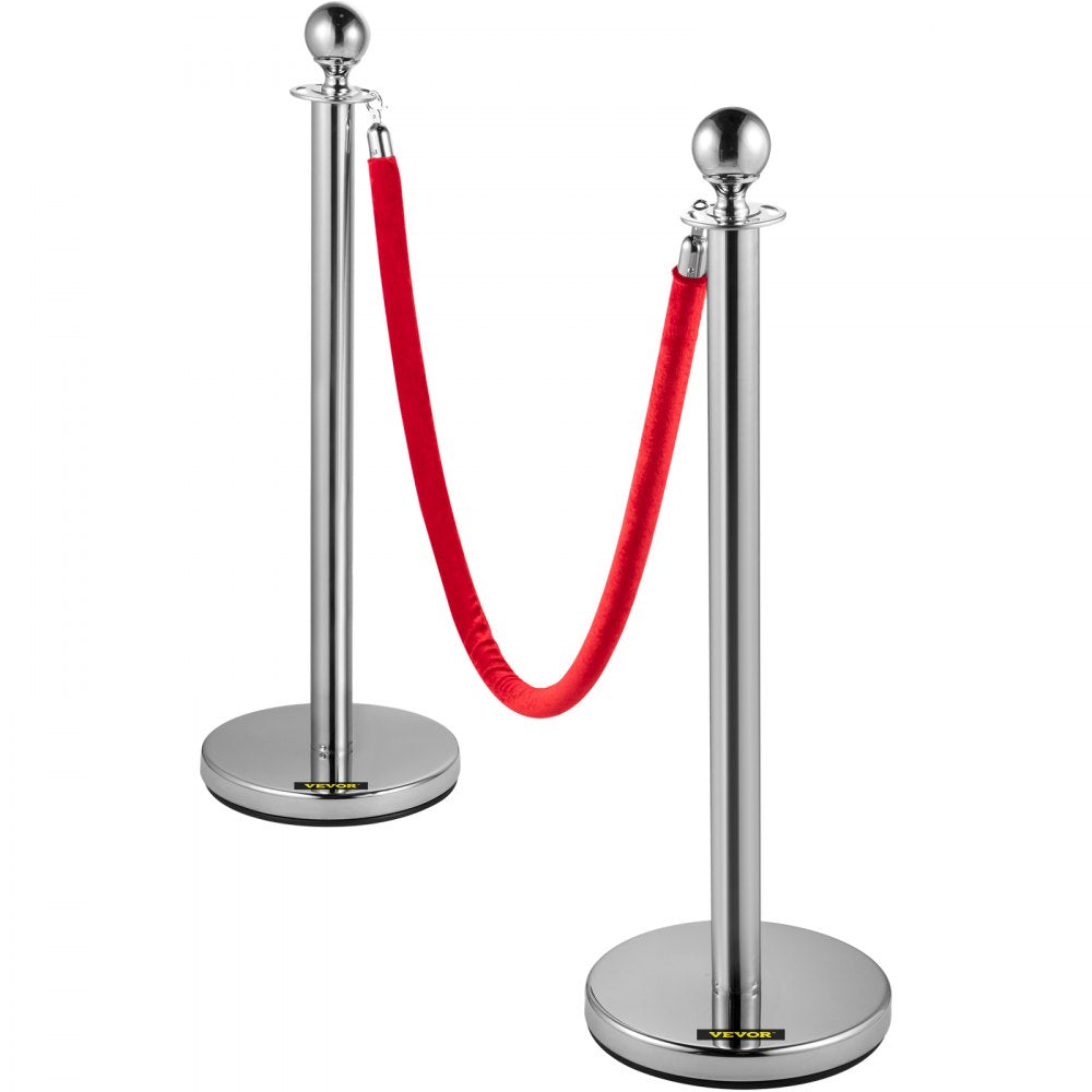 VEVOR 4PCS Stainless Steel Stanchion Posts Queue, Red Velvet Ropes Silver Post, 5FT Rope Barriers Queue Line Crowd Control Barriers for Party Supplies