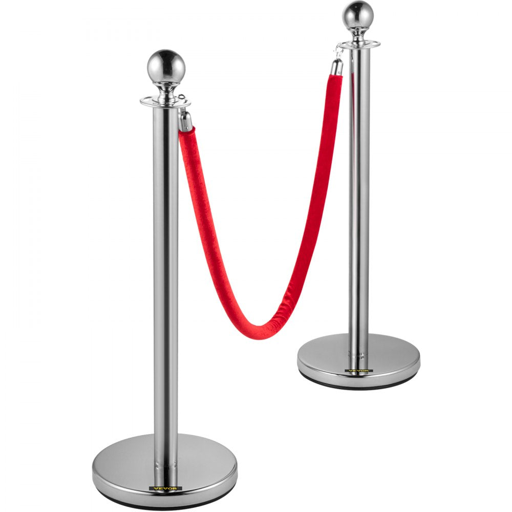 VEVOR 4PCS Stainless Steel Stanchion Posts Queue, Red Velvet Ropes Silver Post, 5FT Rope Barriers Queue Line Crowd Control Barriers for Party Supplies