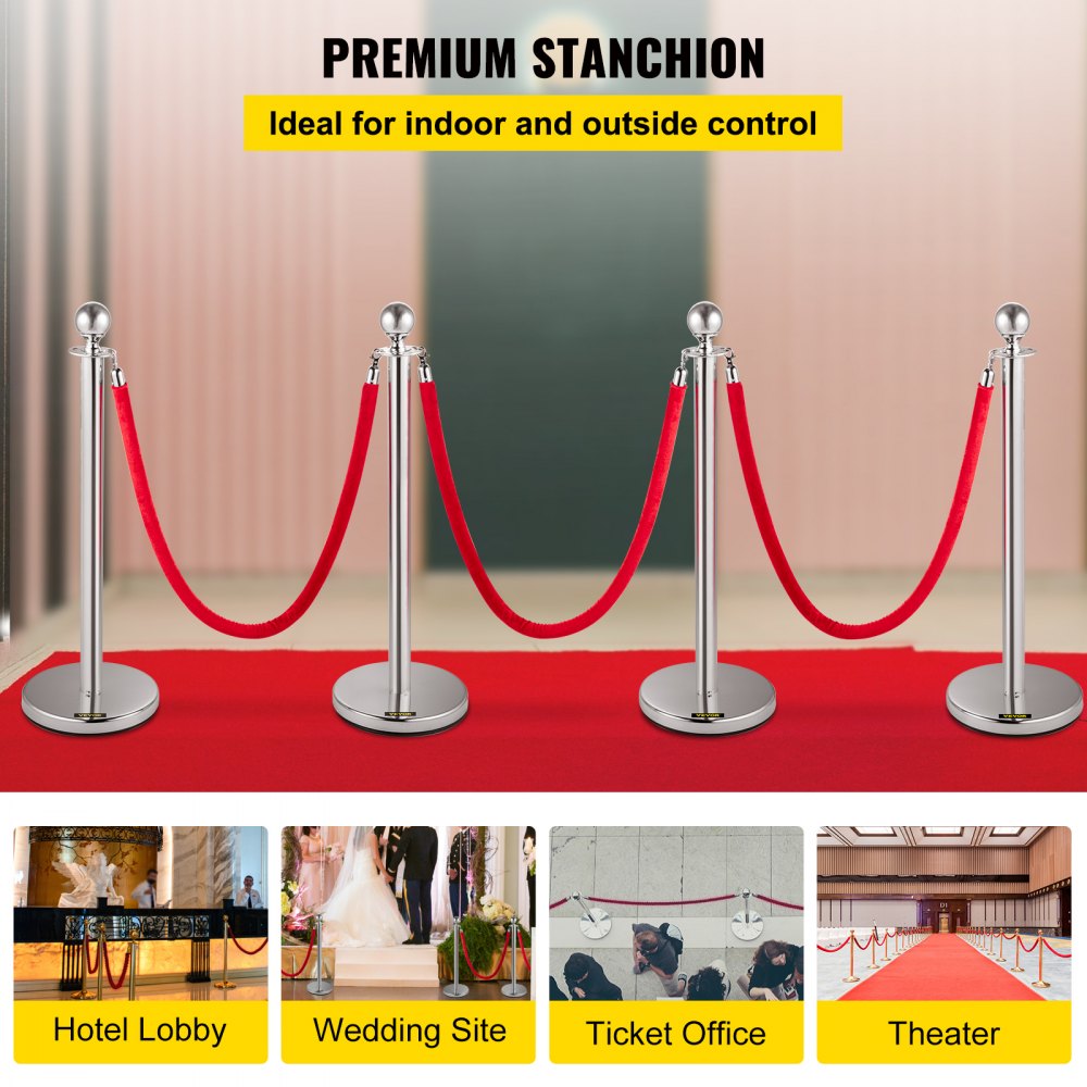 VEVOR Crowd Control Stanchion, Set of 4 Pieces Silver Stanchion Set, Stanchion Set with 5 ft/1.5 m Red Velvet Rope, Crowd Control Barrier
