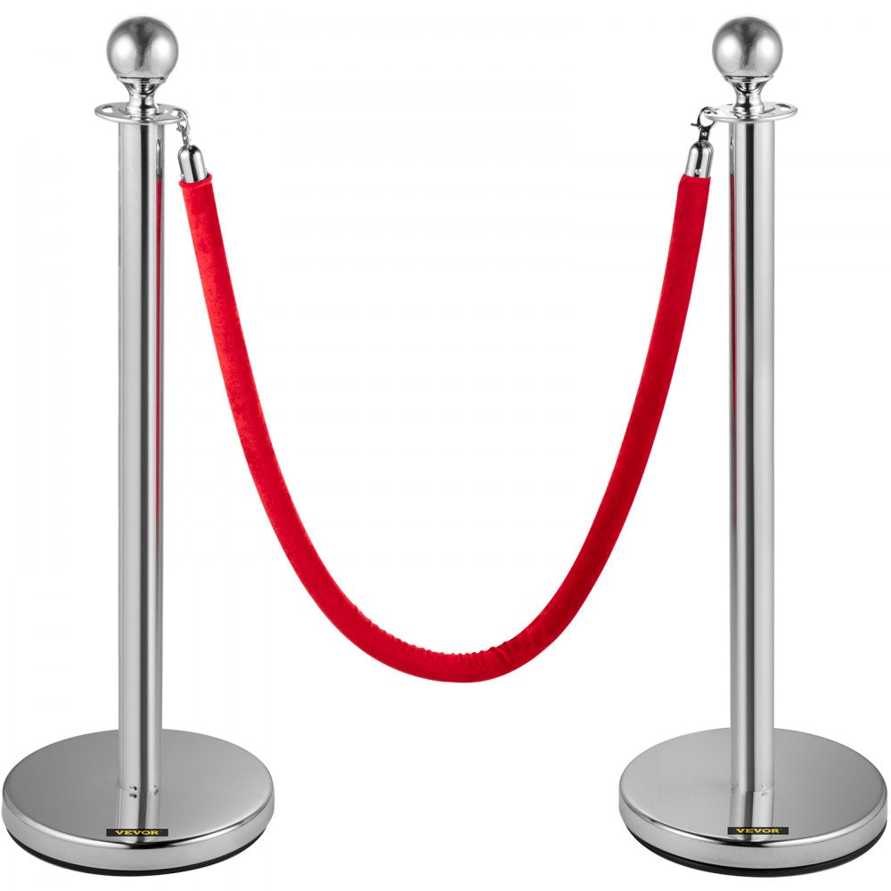 VEVOR Crowd Control Stanchion, Set of 4 Pieces Silver Stanchion Set, Stanchion Set with 5 ft/1.5 m Red Velvet Rope, Crowd Control Barrier