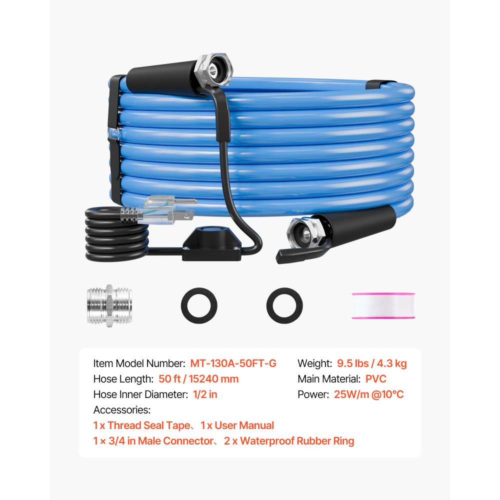 VEVOR 50FT Heated Water Hose for RV Antifreeze to -45°F Drinking Water Hose, 1/2" ID, Smooth Surface, Built-in Thermostat, Freeze & Leak-Proof, Lead and BPA Free, Fast Heating for RV Camping Garden