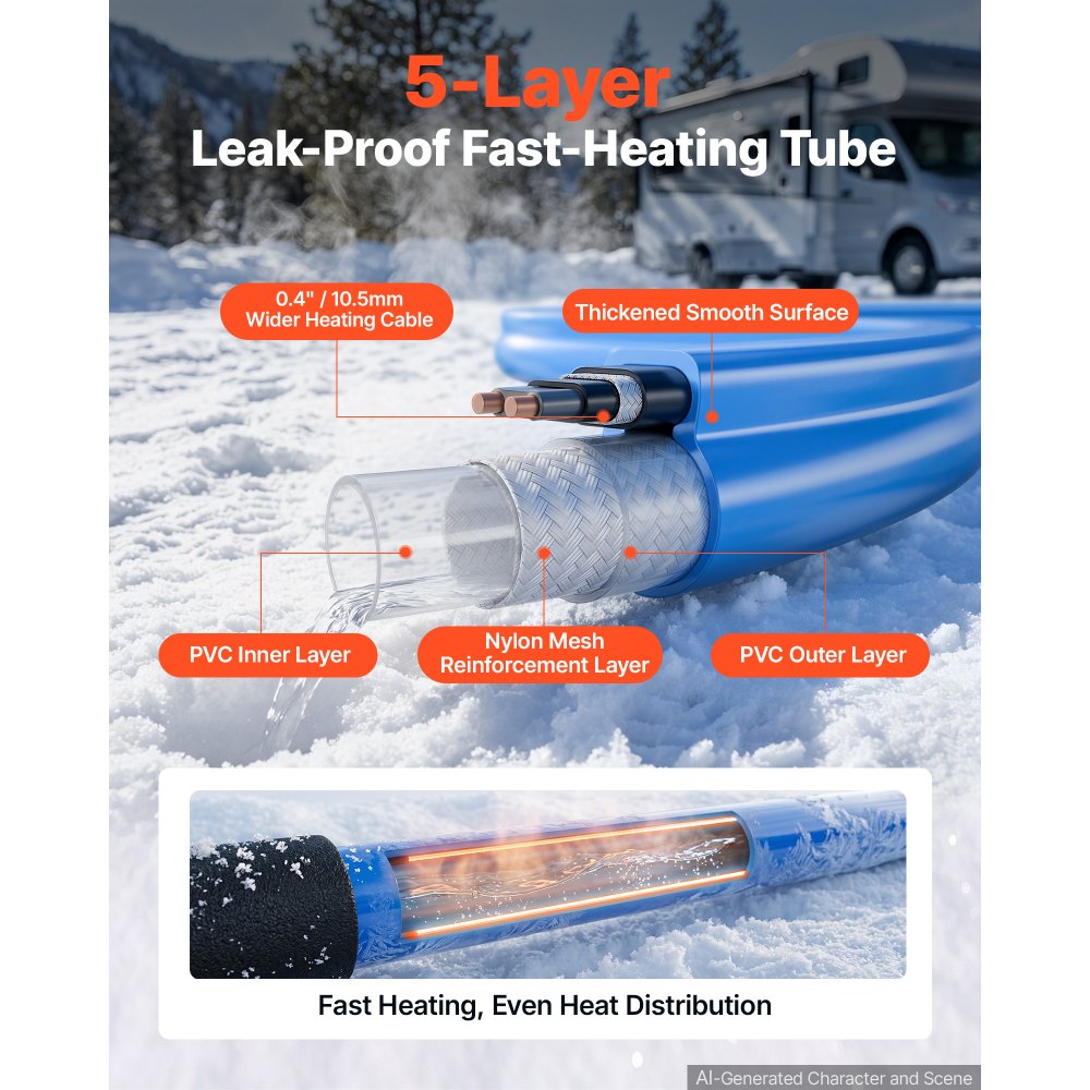 VEVOR 75FT Heated Water Hose for RV -45°F Anti Freeze Drinking Water Hose, 1/2" ID, Smooth Surface, with Leakage Protection GFCI, Built-in Thermostat, Freeze & Leak-Proof, Lead and BPA Free for RVs
