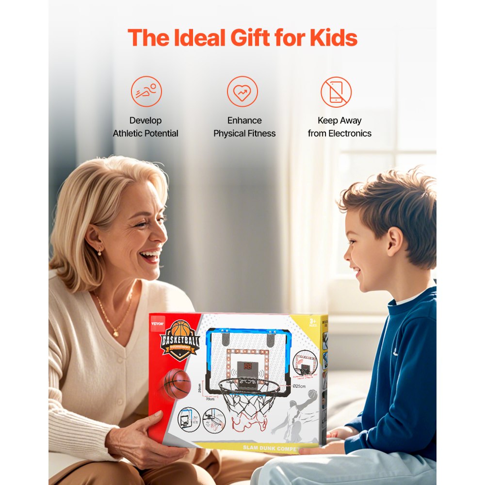 VEVOR Kids Basketball Hoop, Mini Basketball Goal with Electronic Scoreboard, Over The Door Basketball Hoop with Scoring & Music Accompaniment Functions, LED Light, Indoor Basketball Hoop for Kids 3+
