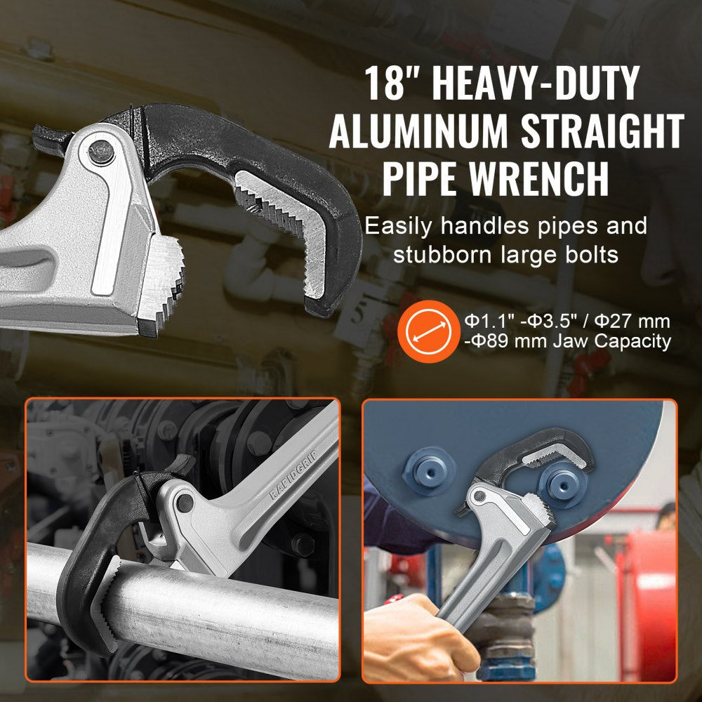 VEVOR Pipe Wrench, 18" Aluminum Straight Pipe Wrench, Automatic Jaw Adjustment, Adjustable Plumbing Wrench, Easy to Carry, Ergonomic Handle, Hangable Design, for Water Pipes, Automotive Repairs