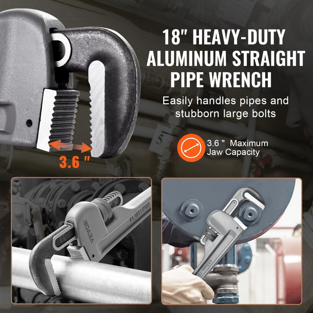 VEVOR Pipe Wrench, 18" Aluminum Straight Pipe Wrench, Adjustable Plumbing Wrench, with High Strength Jaw and Ergonomic Handle, Easy to Carry, Hangable Design, for Water Pipes, Automotive Repairs