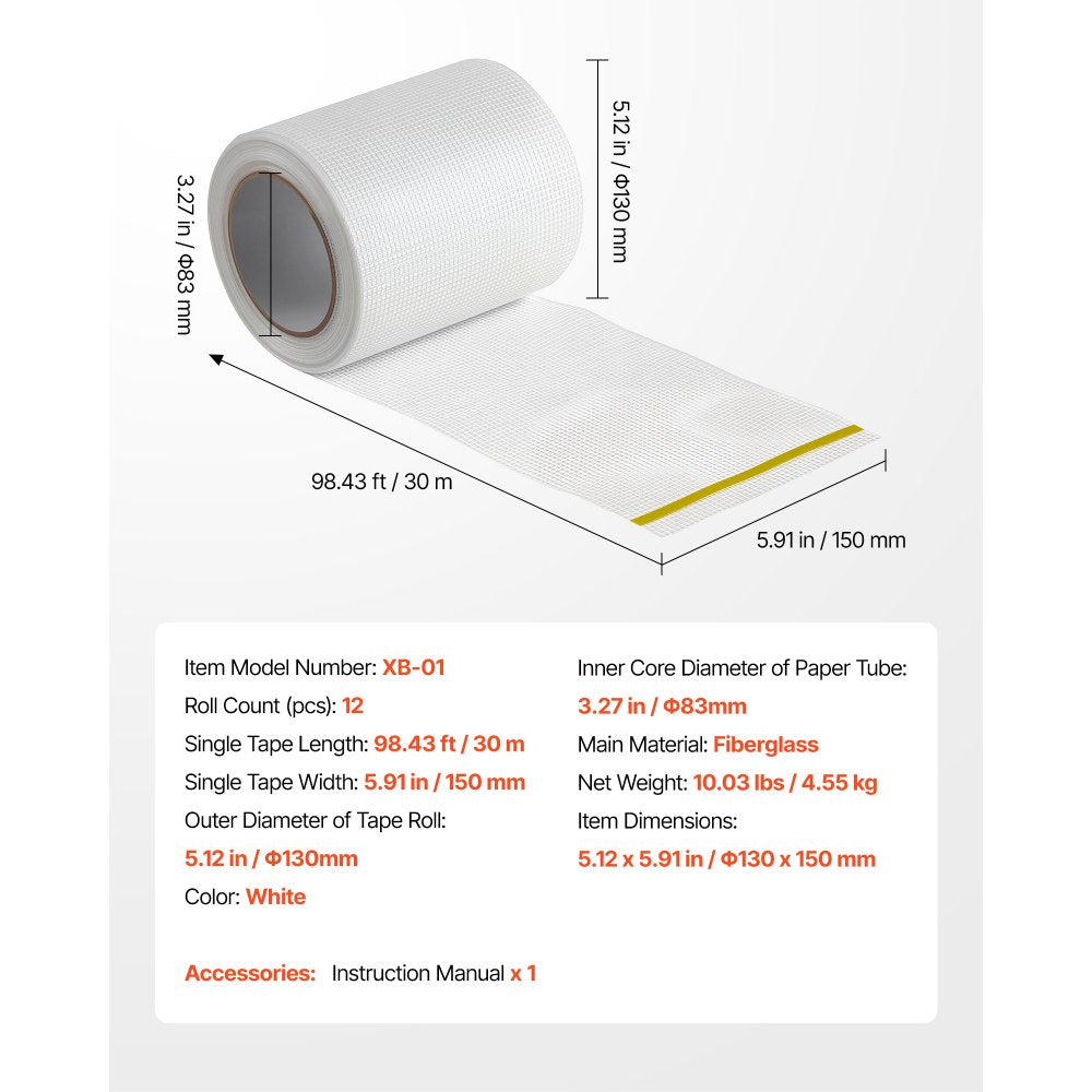VEVOR Drywall Mesh Tape, 5.91 inch W x 98.43 ft L Self-Adhesive Fiberglass Drywall Joint Tape, 12 Rolls Dry Wall Patch for Easy Sheetrock Ceiling Crack Repair, to Achieve Smooth Even Wall Surface