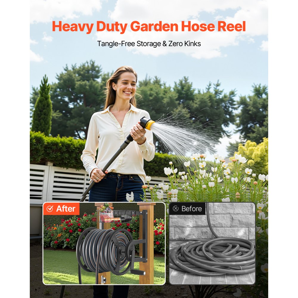 VEVOR Wall Mounted Garden Hose Reel, Holds 125 ft 5/8-inch Hose, Heavy-Duty Water Hose Winder, Space-Saving Design, Outdoor Manual Reel with Brass Fitting and Storage Basket for Yard Lawn