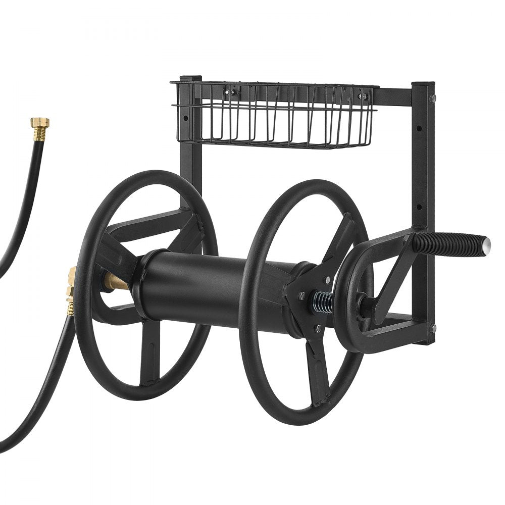 VEVOR Wall Mounted Garden Hose Reel, Holds 125 ft 5/8-inch Hose, Heavy-Duty Water Hose Winder, Space-Saving Design, Outdoor Manual Reel with Brass Fitting and Storage Basket for Yard Lawn