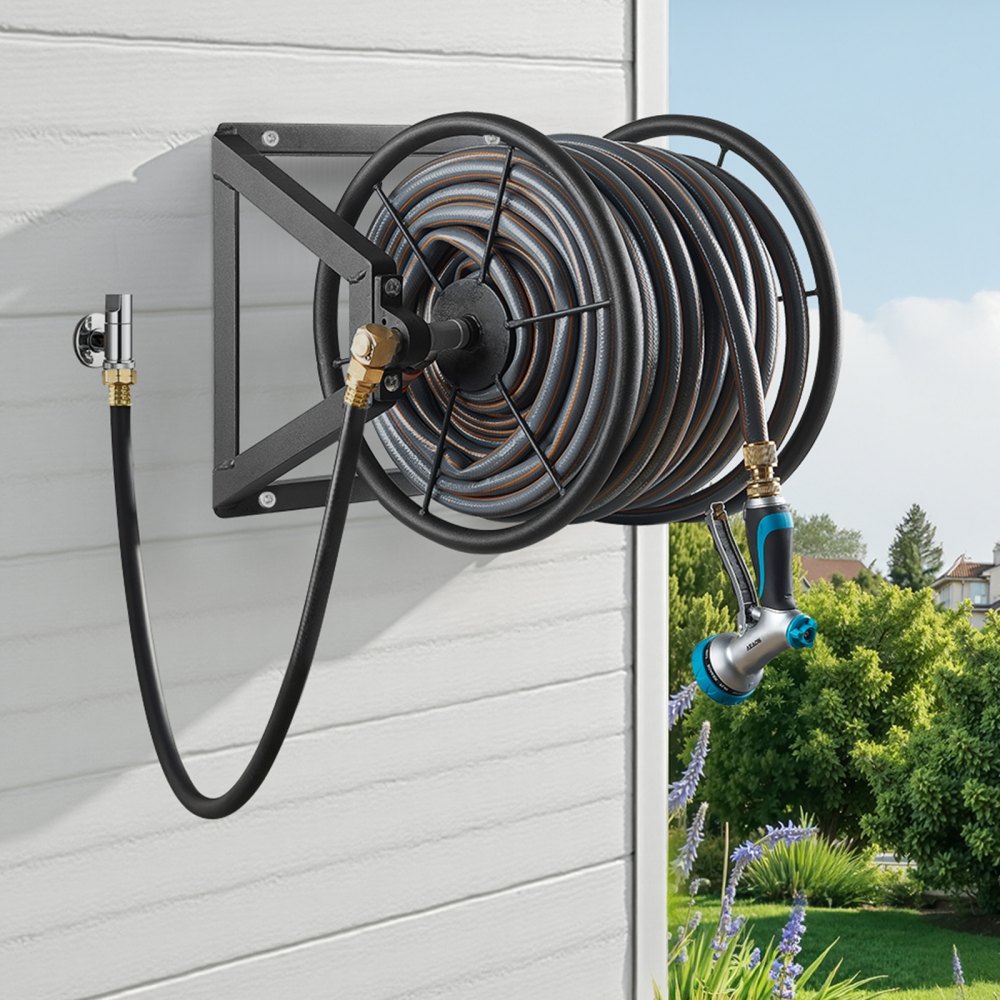 VEVOR Wall Mounted Garden Hose Reel, Holds 200 ft 5/8-inch Manual Water Hose Winder, Heavy-Duty Steel, Outdoor Reel with Brass Fitting & 5ft Leader Hose, Space Saving, for Yard Lawn Garage