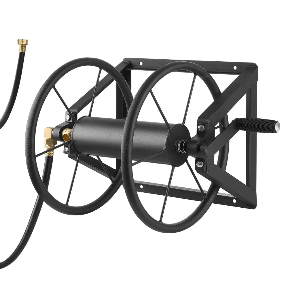 VEVOR Wall Mounted Garden Hose Reel, Holds 200 ft 5/8-inch Manual Water Hose Winder, Heavy-Duty Steel, Outdoor Reel with Brass Fitting & 5ft Leader Hose, Space Saving, for Yard Lawn Garage