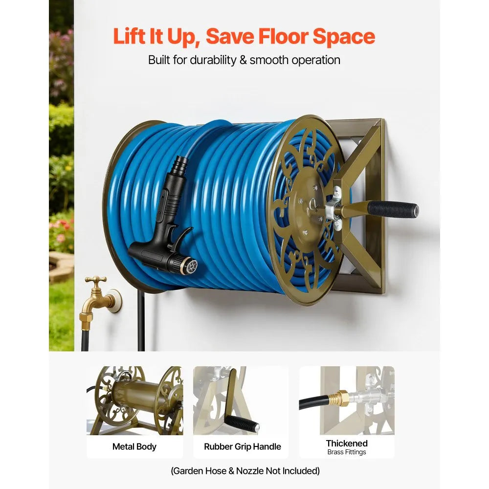 VEVOR Wall Mounted Garden Hose Reel, Holds 200 Feet of 5/8-inch Hose, Outdoor Heavy-Duty Waterhose Holder Winder, with Brass Connector, Decorative Pattern, Bronze Finish, for Backyards and Gardens