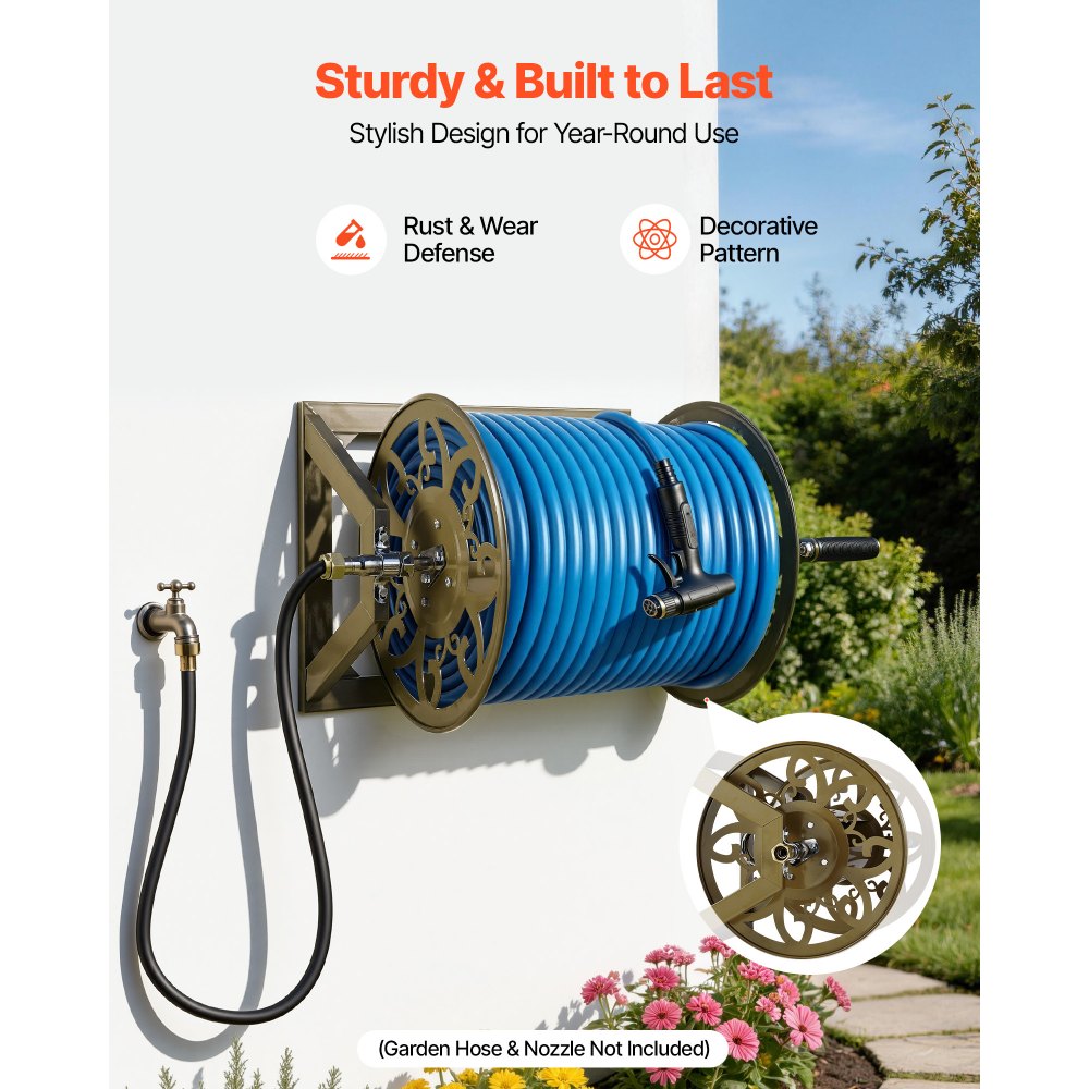 VEVOR Wall Mounted Garden Hose Reel, Holds 200 Feet of 5/8-inch Hose, Outdoor Heavy-Duty Waterhose Holder Winder, with Brass Connector, Decorative Pattern, Bronze Finish, for Backyards and Gardens
