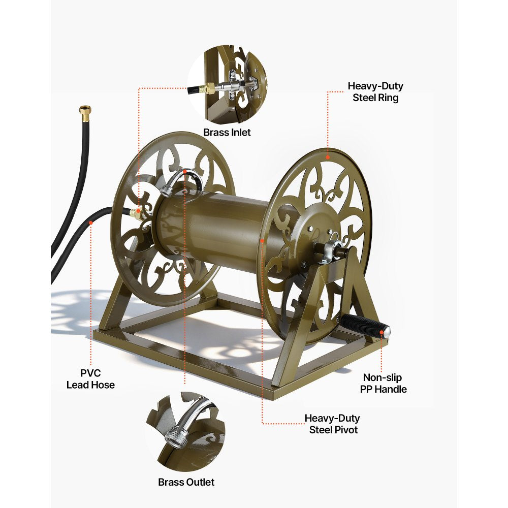 VEVOR Wall Mounted Garden Hose Reel, Holds 200 Feet of 5/8-inch Hose, Outdoor Heavy-Duty Waterhose Holder Winder, with Brass Connector, Decorative Pattern, Bronze Finish, for Backyards and Gardens