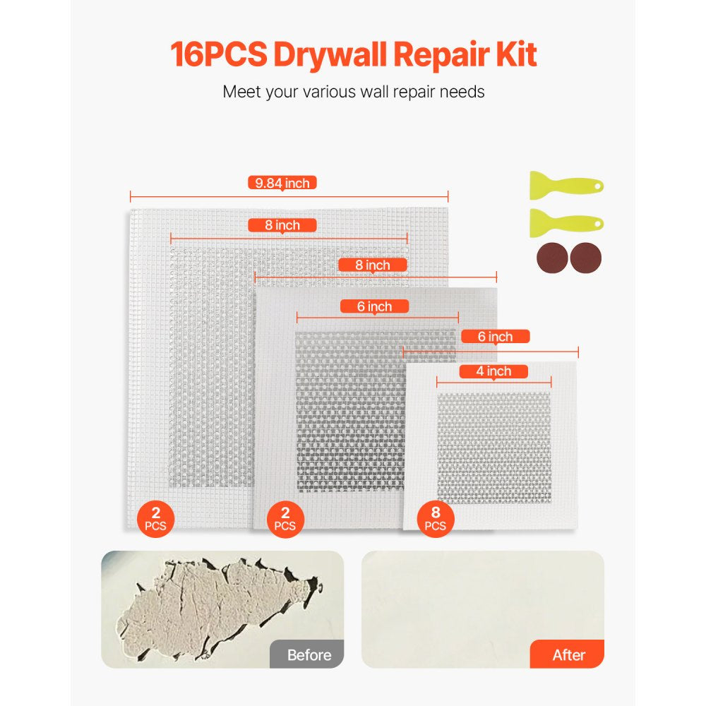 VEVOR 16PCS Drywall Repair Kit, 4/6/8-inch Aluminum Dry Wall Repair Patch Kit with 2 Scrapers & 2 Sandpapers, Self-Adhesive Drywall Patches for Nail Holes, Wall Cracks, Peeling, Scraping