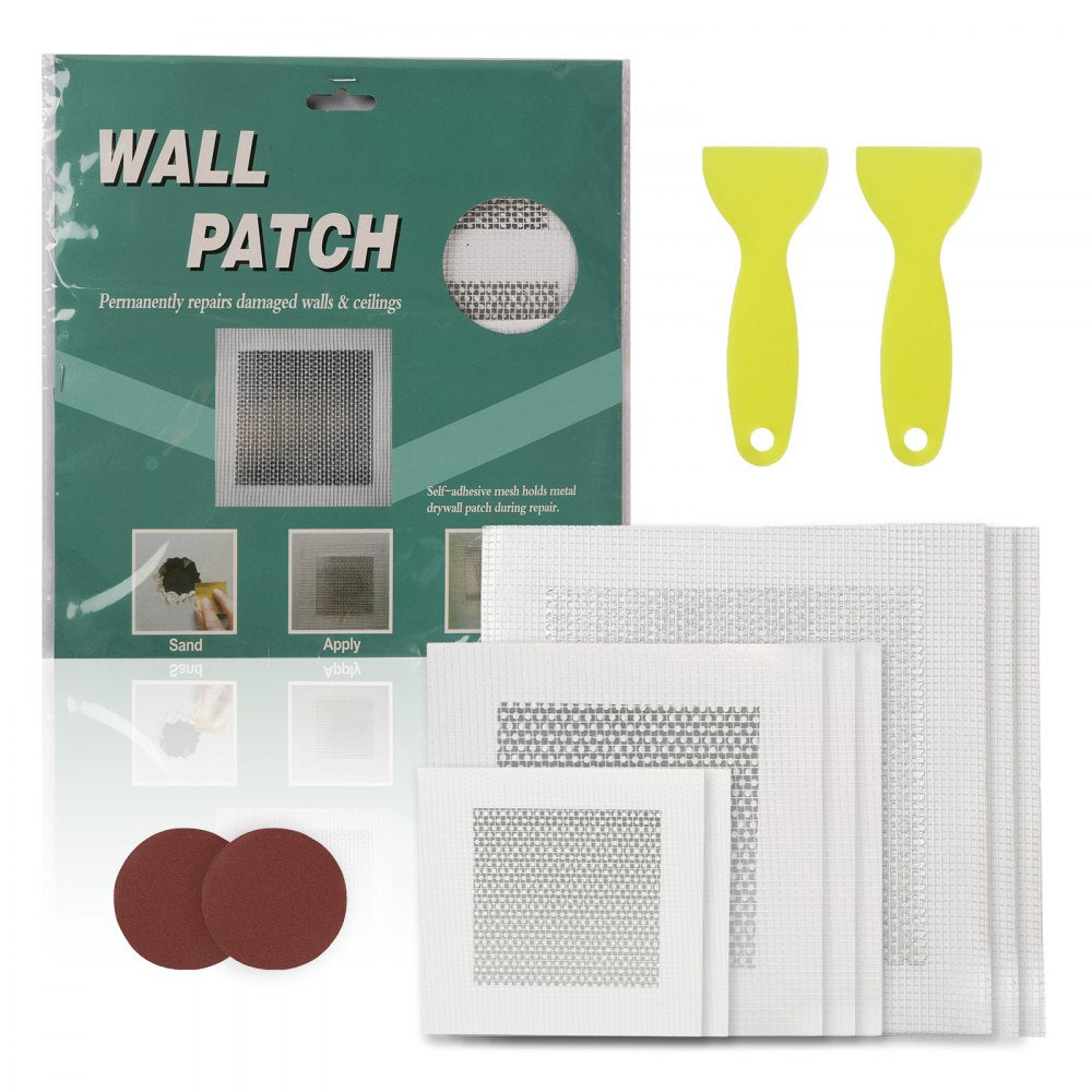 VEVOR 16PCS Drywall Repair Kit, 4/6/8-inch Aluminum Dry Wall Repair Patch Kit with 2 Scrapers & 2 Sandpapers, Self-Adhesive Drywall Patches for Nail Holes, Wall Cracks, Peeling, Scraping