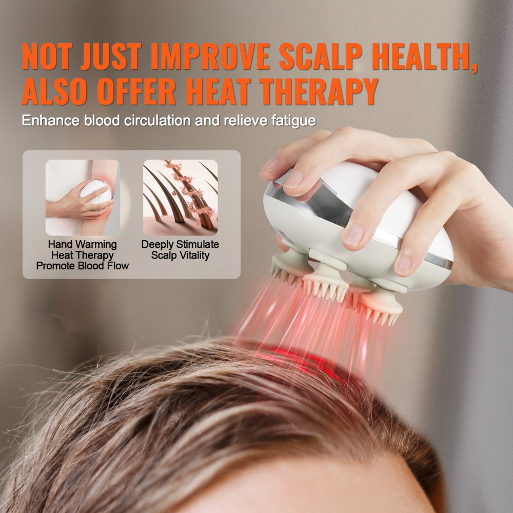 VEVOR Electric Scalp Massager with Heat, Rechargeable Heated Head Massager, IPX7 Waterproof | Portable Kneading Scalp Scratcher with 8 Removable Massage Head for Hair Growth, Deep Clean, Stress Relax