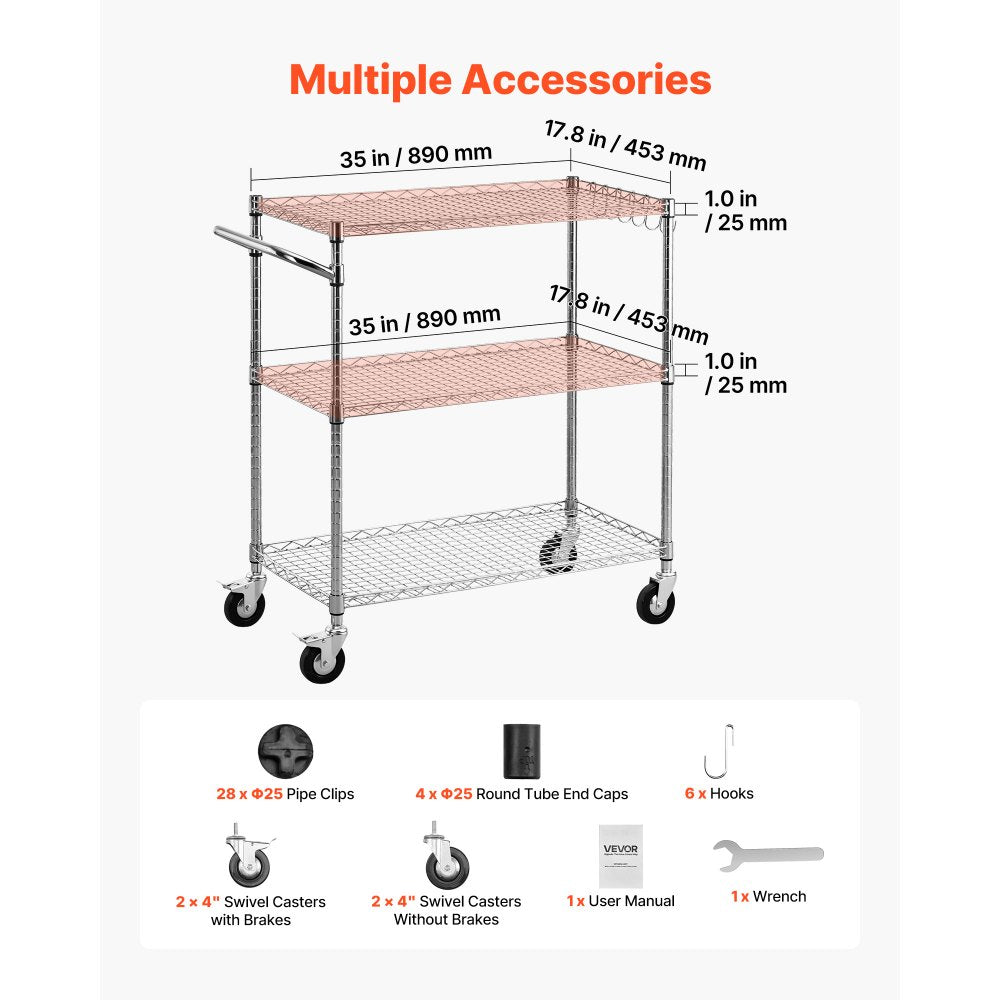 VEVOR Kitchen Utility Cart, 3 Tier Heavy Duty Adjustable Wire Storage Rack, Commercial Steel Rolling Service Trolley on Wheels, Work Table with Handle Bar, for Garage and Laundry Room, 35x17.8x40.9 in