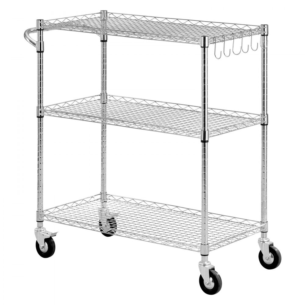VEVOR Kitchen Utility Cart, 3 Tier Heavy Duty Adjustable Wire Storage Rack, Commercial Steel Rolling Service Trolley on Wheels, Work Table with Handle Bar, for Garage and Laundry Room, 35x17.8x40.9 in