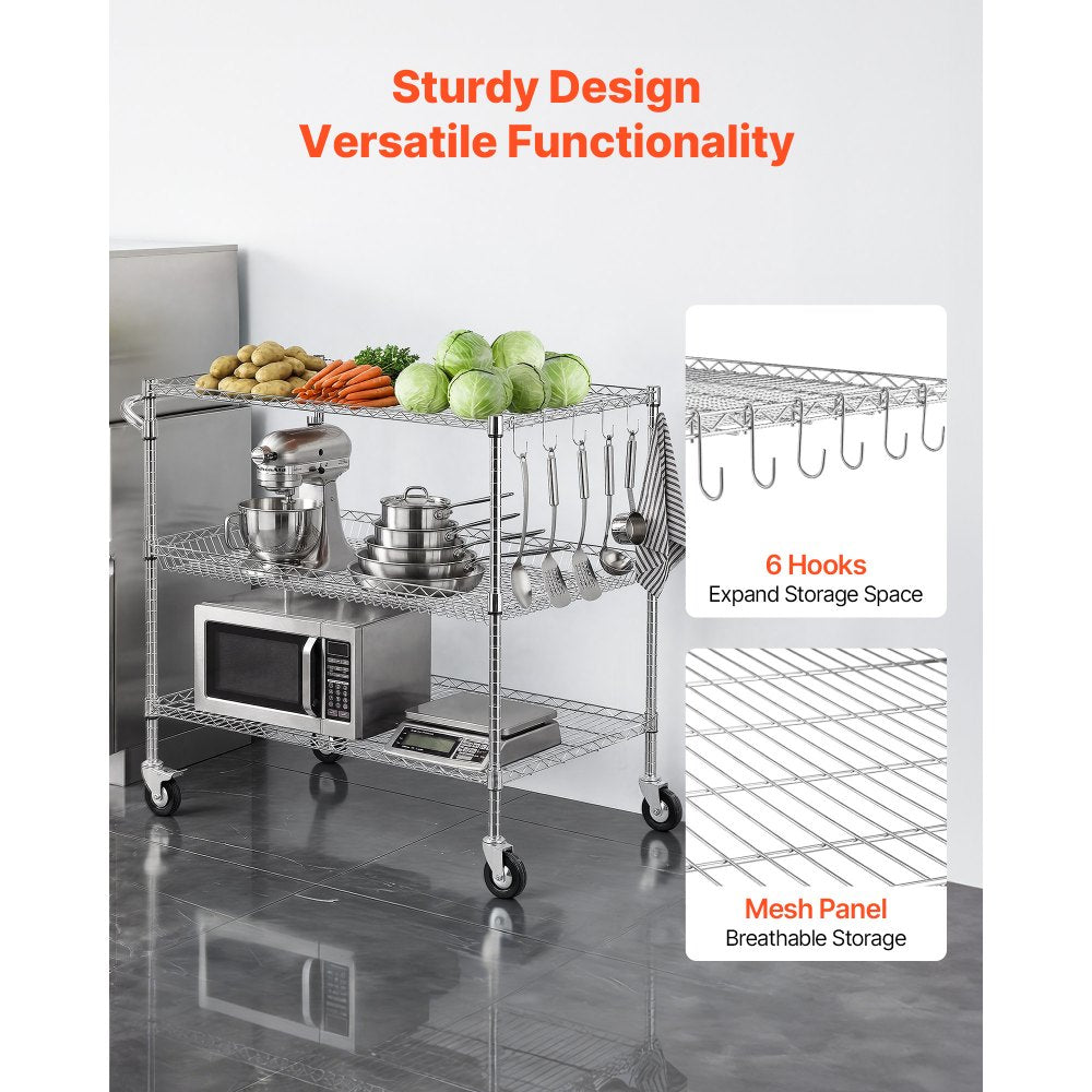 VEVOR Kitchen Utility Cart, 3 Tier Heavy Duty Adjustable Wire Storage Rack, Commercial Steel Rolling Service Trolley on Wheels, Work Table with Handle Bar, for Garage and Laundry Room, 40x25x40.9 in