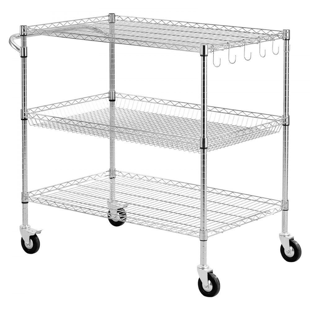 VEVOR Kitchen Utility Cart, 3 Tier Heavy Duty Adjustable Wire Storage Rack, Commercial Steel Rolling Service Trolley on Wheels, Work Table with Handle Bar, for Garage and Laundry Room, 40x25x40.9 in