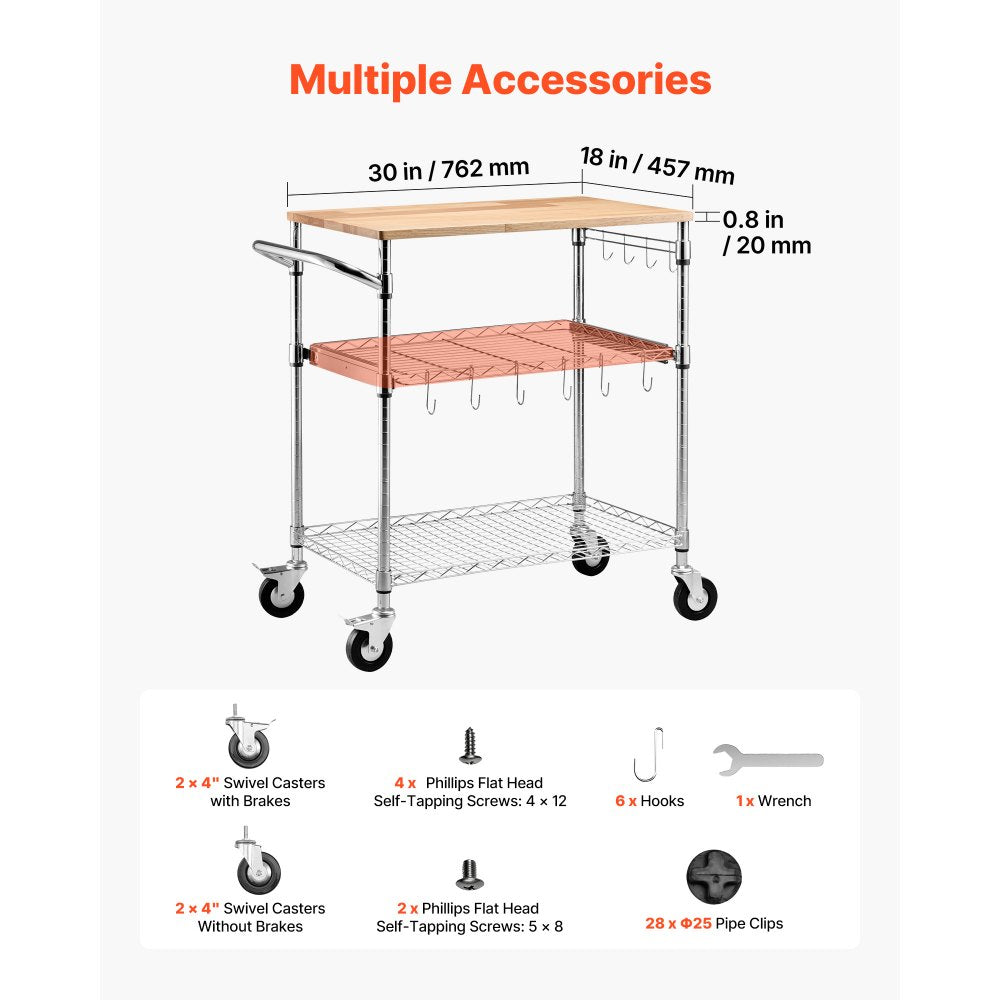 VEVOR Kitchen Utility Cart, 3 Tier Heavy Duty Adjustable Wire Storage Rack with Wood Tabletop and Handle Bar, Rolling Portable Service Trolley on Wheels, 661 lbs Steel Work Table, 30x18x36 in