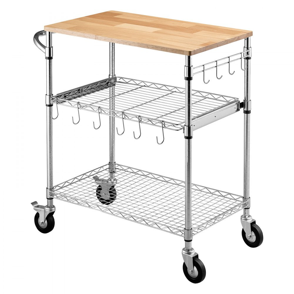 VEVOR Kitchen Utility Cart, 3 Tier Heavy Duty Adjustable Wire Storage Rack with Wood Tabletop and Handle Bar, Rolling Portable Service Trolley on Wheels, 661 lbs Steel Work Table, 30x18x36 in