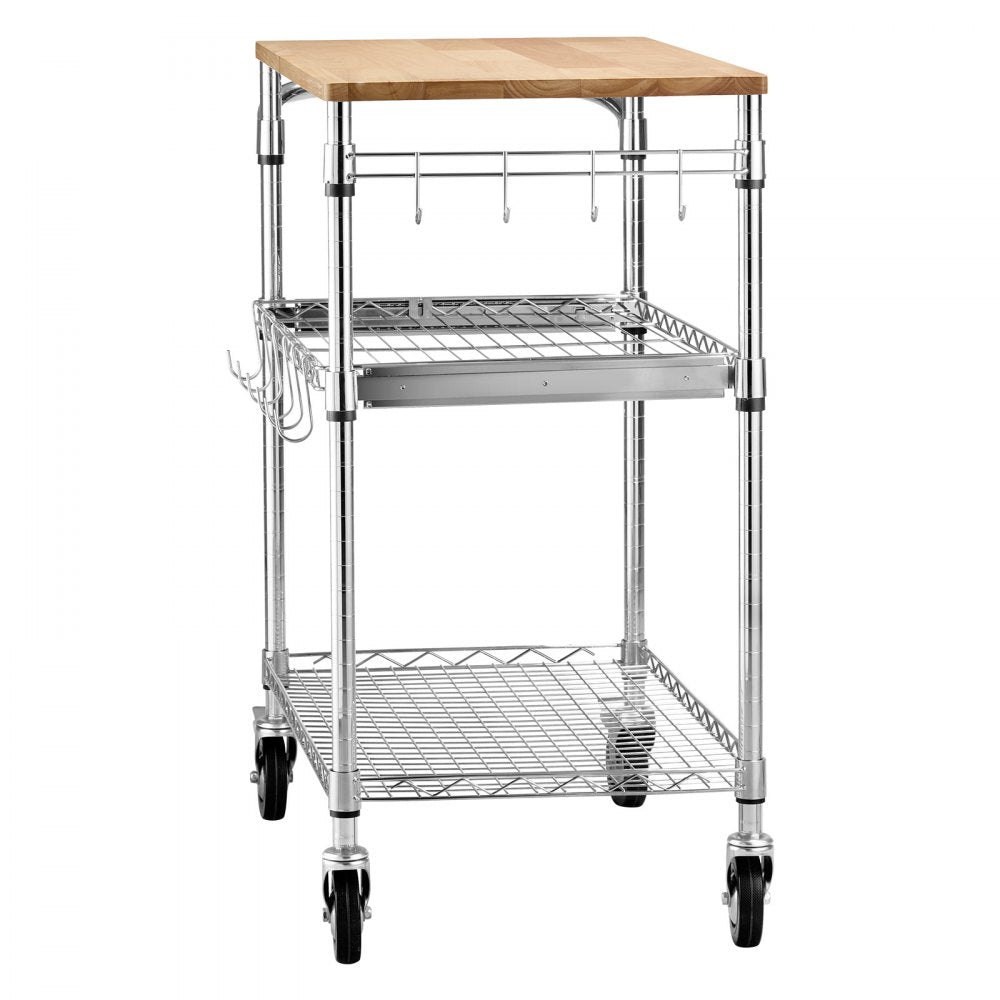 VEVOR Kitchen Utility Cart, 3 Tier Heavy Duty Adjustable Wire Storage Rack with Wood Tabletop and Handle Bar, Rolling Portable Service Trolley on Wheels, 661 lbs Steel Work Table, 30x18x36 in