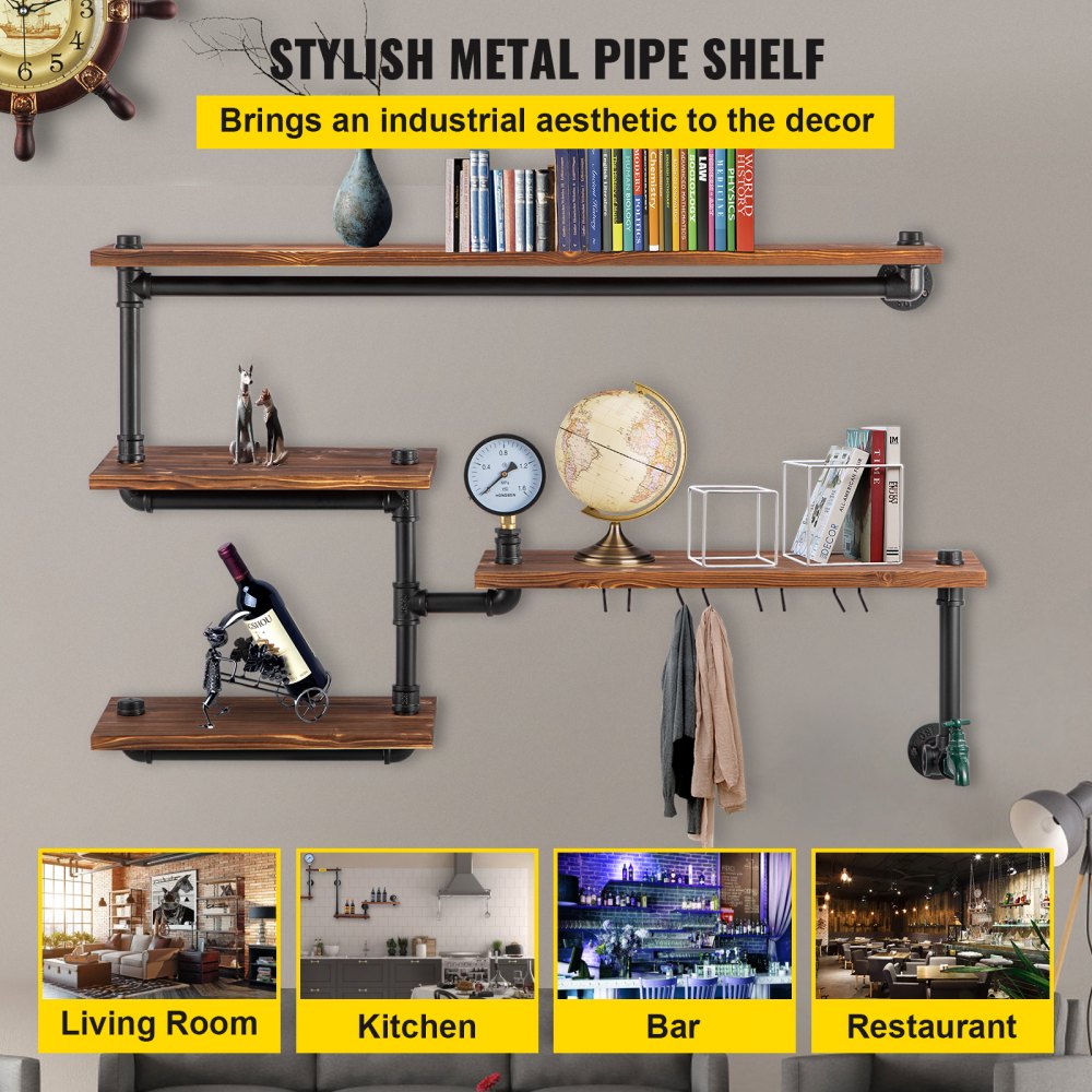 VEVOR Pipe Shelving, Industrial Floating Shelves with 4-Tier Solid Wood Planks, Modern Rustic Floating Shelves Wall Mounted, DIY Storage Bracket for Bookshelf, Kitchen, Bathroom, Home Decor, Brown